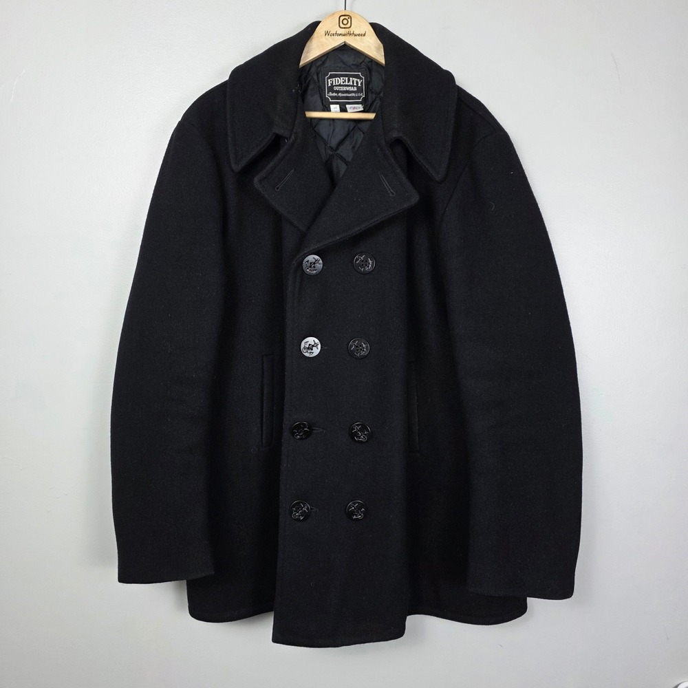 Fidelity Outerwear Boston Black Wool Double Breasted Pea Coat Made in USA 46L